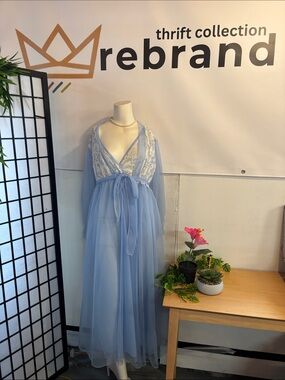 Sheer Lace-Trim Long Chemise Robe in Light Blue